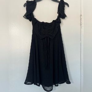 Showpo black ruffle polka dot sun dress cut out front tie 6 M off the shoulder